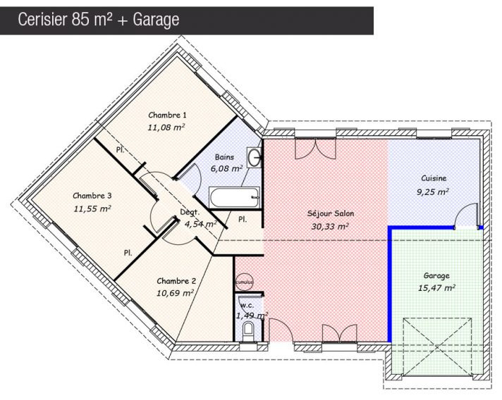 Plan maison 85 m² + Garage - Cerisier - Maisons Bati France