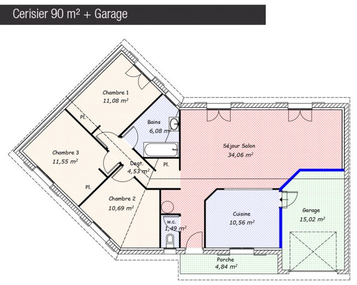 Plan maison 90 m² + Garage - Cerisier - Maisons Bati France