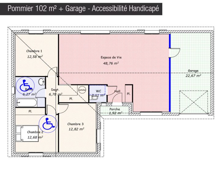 Plan maison 102 m² + Garage - Accessibilité Handicapé - Pommier - Maisons Bati France