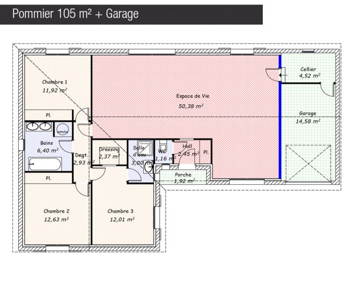 Plan maison 105 m² + Garage - Pommier - Maisons Bati France