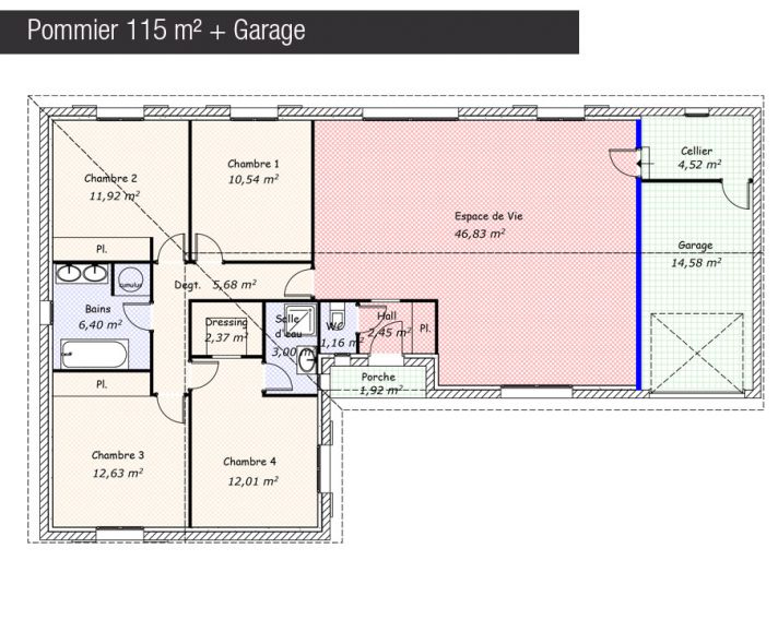 Plan maison 115 m² + Garage - Pommier - Maisons Bati France