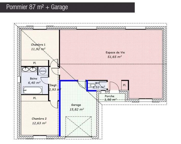 Plan maison 87 m² + Garage - Pommier - Maisons Bati France