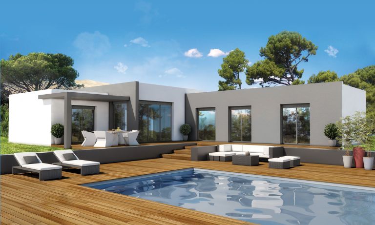 Villa contemporaine toit plat 120m² suite parentale 5 pièces 4 chambres dressing cellier garage prestations haut de gamme Le Cailar 30740